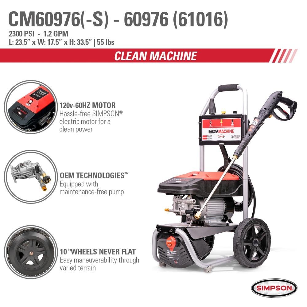 SIMPSON 1.2-GPM Clean Machine 2300 PSI 1.2-GPM Cold Water Electric Pressure Washer with 3 Spray Tips (Battery Included) CM60976 - Image 12