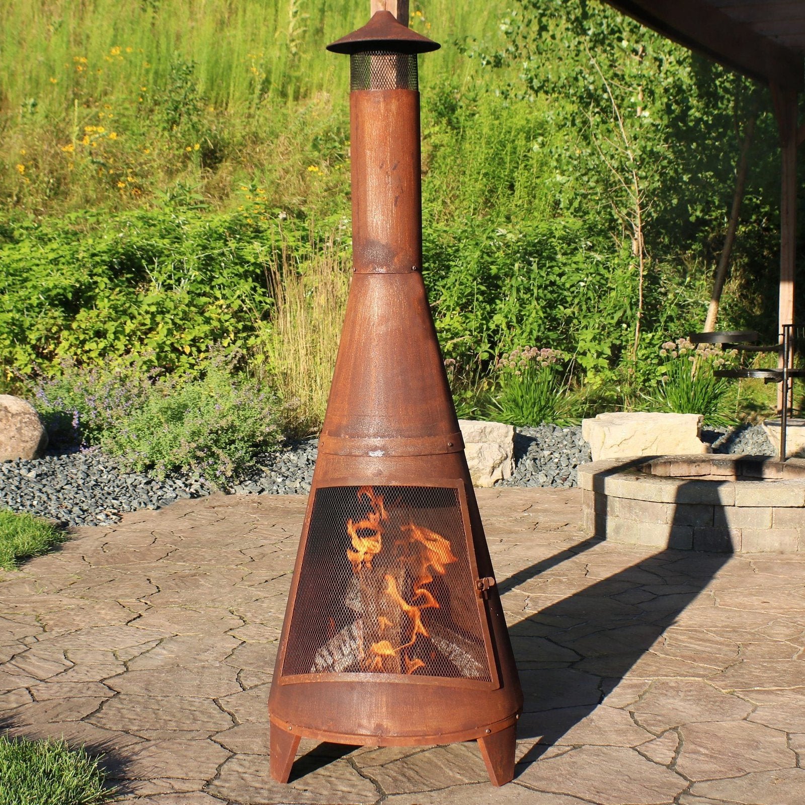 Sunnydaze 70″ Rust Patina Finish Steel Wood-Burning Chiminea with Spark Screen - Image 9