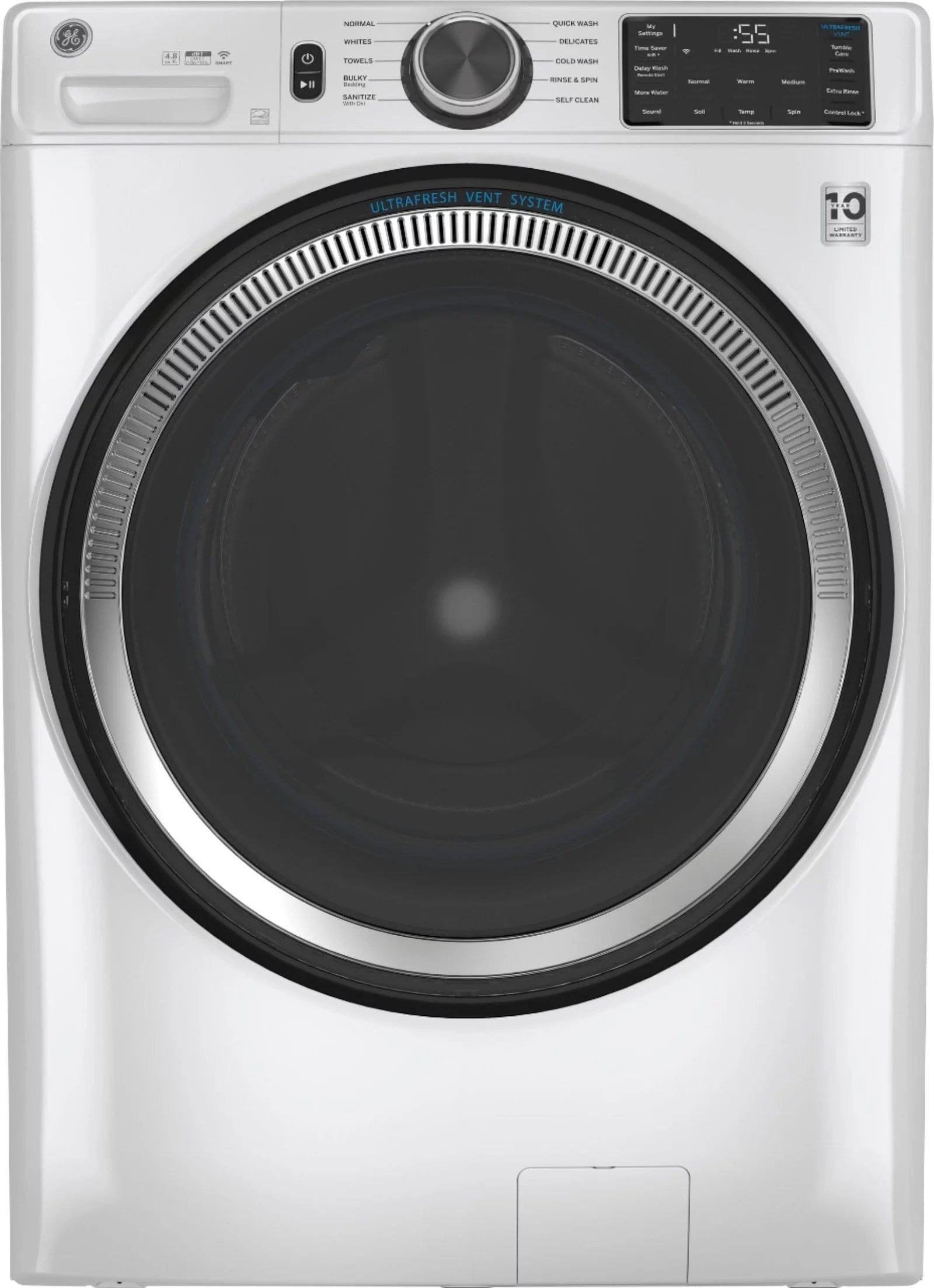 GE – 4.8 CuFt High-Efficiency Stackable Smart Front Load Washer w/UltraFresh Vent System & Microban Antimicrobial Technology – White on white - Image 6