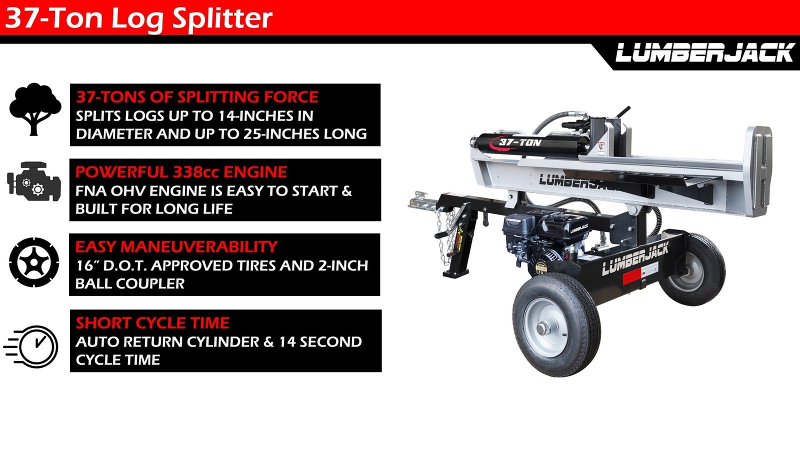 Lumber Jack 37-Ton Gas Log Splitter 208cc OHV Engine (YTL-050-494) - Image 5