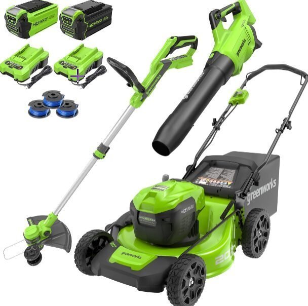 Greenworks 40V 20″ Cordless Mower, 500 CFM Blower, 12″ Trimmer, 2 Batteries (5Ah + 2Ah) & Chargers - Image 2